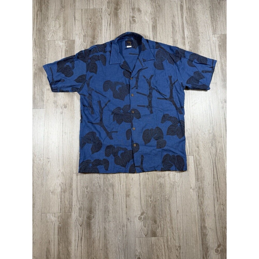 Vintage 90s Sig Zane Designs Linen Aloha Shirt S Blue Lauakane Kava Hawaii